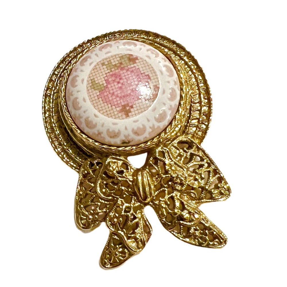 Vintage Rare Loree Hat With Bow Shaped Pin Rose Design Cabochon